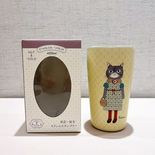 日本Kusuguru正品304不鏽鋼蓋式咖啡杯保溫保冷杯400 ml卡通貓405｜蜜豆黃色8702-2／400 ml