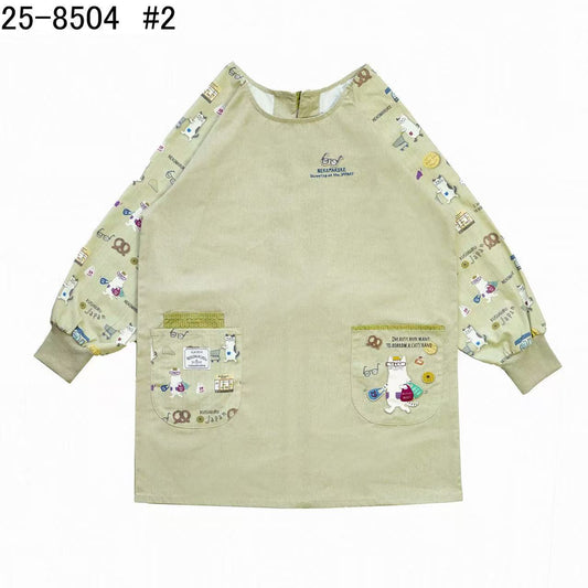 日本Kusuguru正品刺繡眼鏡貓長袖圍裙家務防油防污防汙罩衫花藝烘焙40｜眼鏡貓米黃8504-2