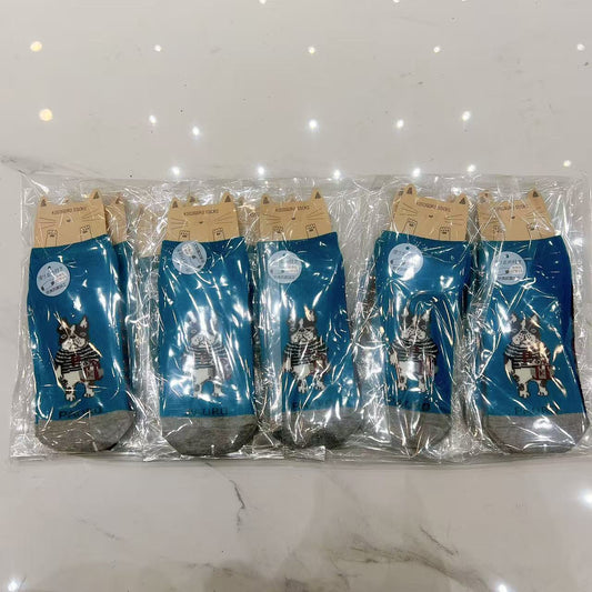 日本Kusuguru提花貓咪船襪中筒襪卡通棉襪堆堆襪襪子521(10雙入)｜船襪保羅雀藍9161-2／單一尺寸