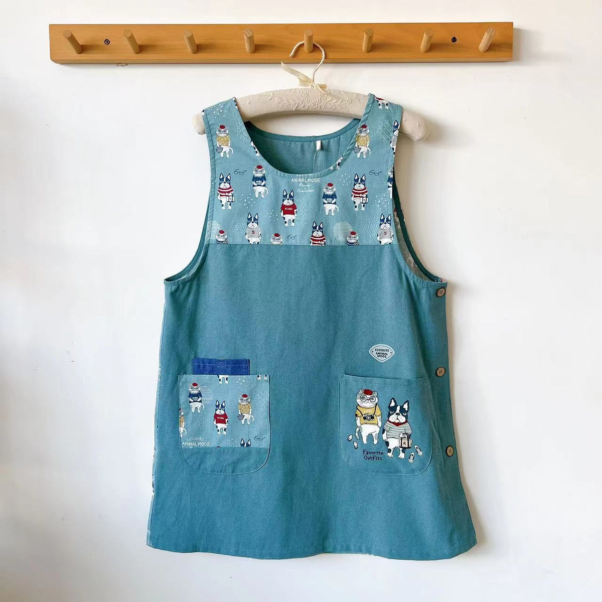 日本kusuguru刺繡露西and保羅刺繡居家圍裙防油防污花藝烘焙102｜藍綠色7035-2