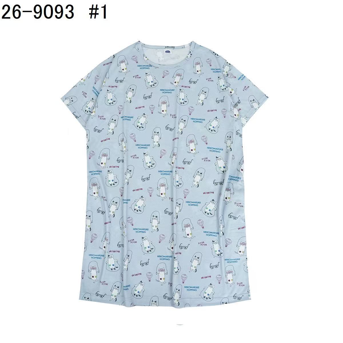 日本Kusuguru正品印花居家服睡裙套裝短袖短褲天竺棉卡通519｜睡裙眼鏡貓灰9093-1／單一尺寸