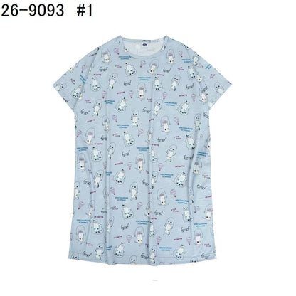 日本Kusuguru正品印花居家服睡裙套裝短袖短褲天竺棉卡通519｜睡裙眼鏡貓灰9093-1／單一尺寸