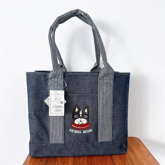 日本Kusuguru正品刺繡貓咪法鬥手提包手提包托特包牛仔隔層大435｜法鬥犬深牛仔藍10026 L-2