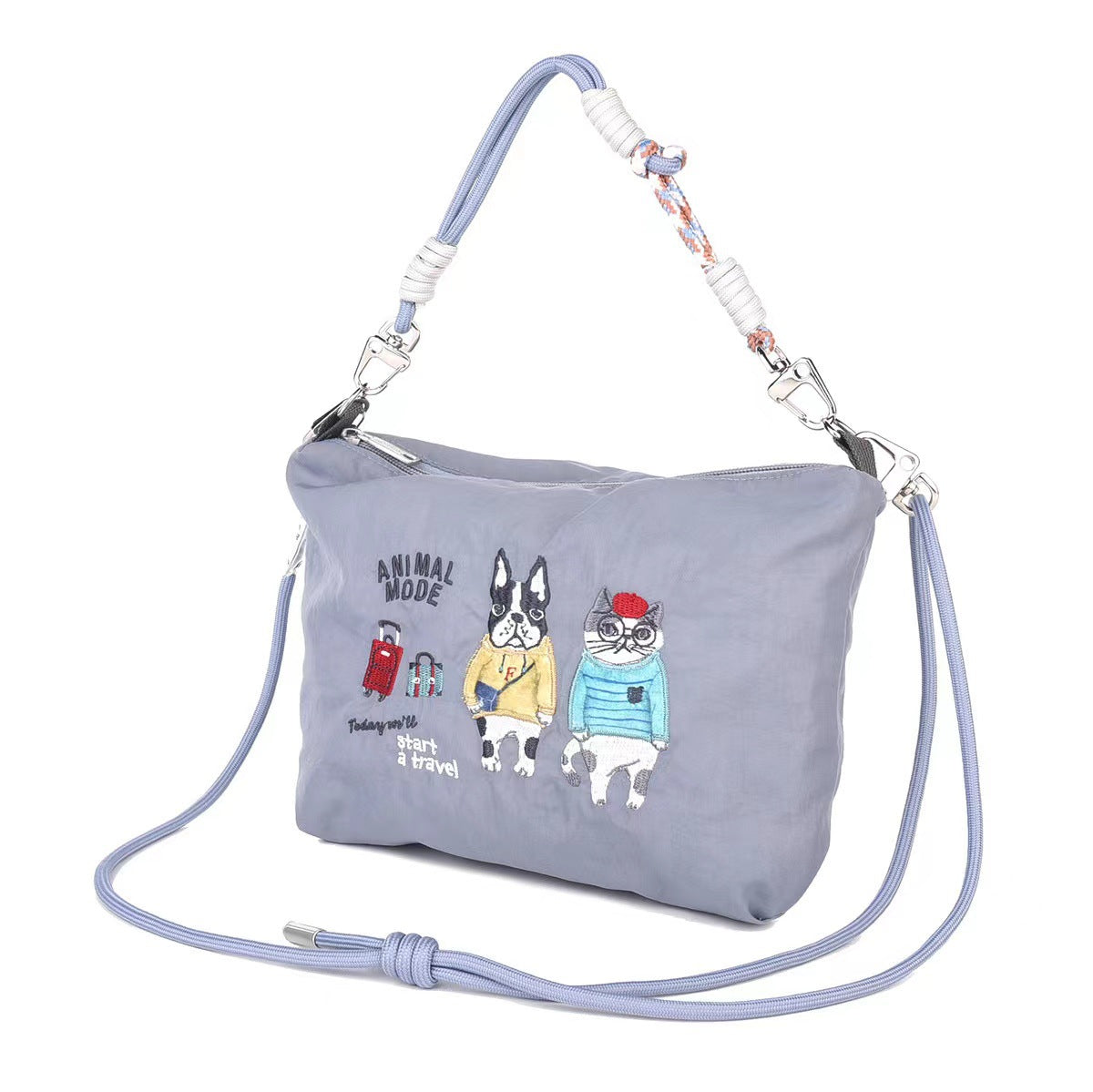 日本Kusuguru重工刺繡貓咪聚酯纖維肩背包斜背包手提包卡通包通勤219｜露西保羅淺灰7596-2