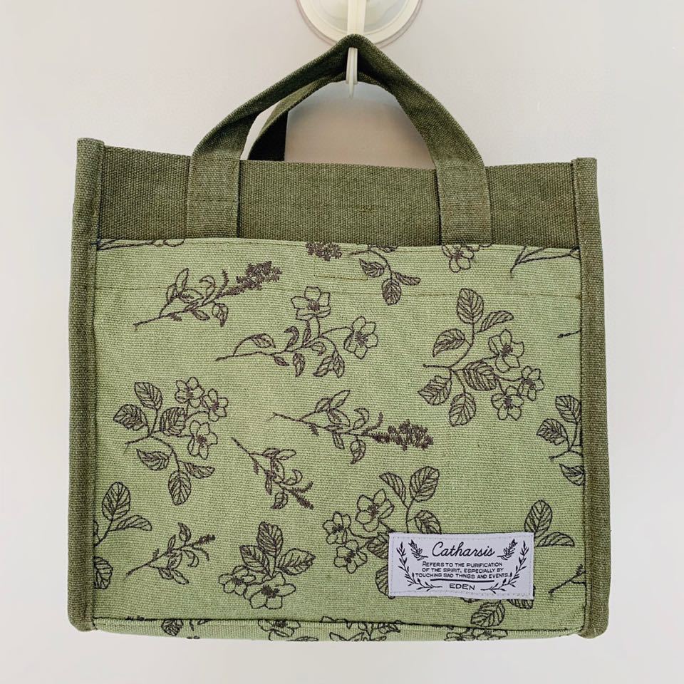 出口日本花柄刺繡手提包保溫保冷便當包手提包帶飯飯盒包布藝｜綠色刺繡