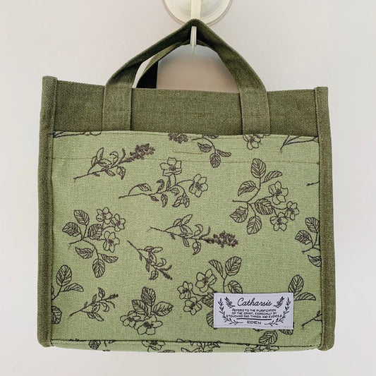 出口日本花柄刺繡手提包保溫保冷便當包手提包帶飯飯盒包布藝｜綠色刺繡