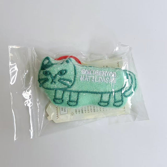 日本Kusuguru正品刺繡貓咪狗子海綿擦清潔海綿去油汙刷鍋布雙面430｜爬貓綠色8568-2