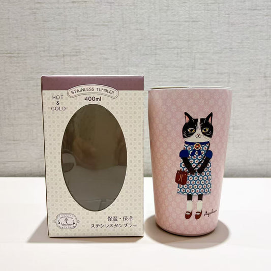 日本Kusuguru正品304不鏽鋼蓋式咖啡杯保溫保冷杯400 ml卡通貓405｜蜜豆粉色8702-3／400 ml