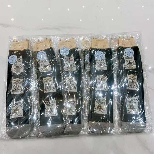 日本Kusuguru提花貓咪船襪中筒襪卡通棉襪堆堆襪襪子521(10雙入)｜中筒眼鏡貓藏藍9162-2／單一尺寸
