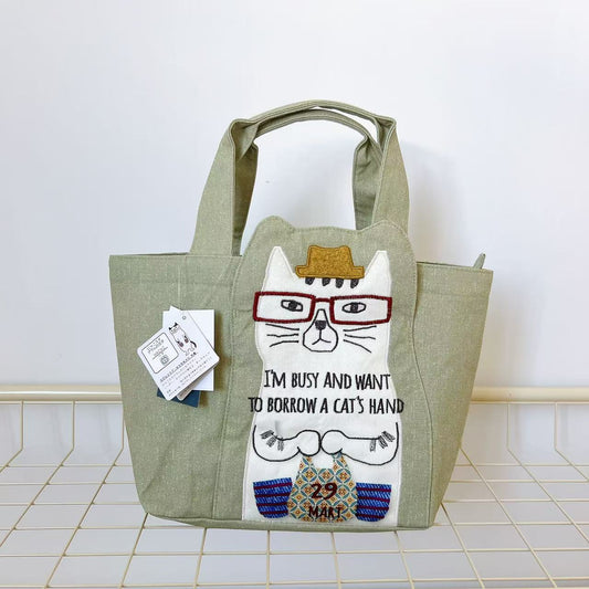 日本Kusuguru正品刺繡貓咪手提包手提包飯盒包帆布購物通勤400｜米黃8512-2