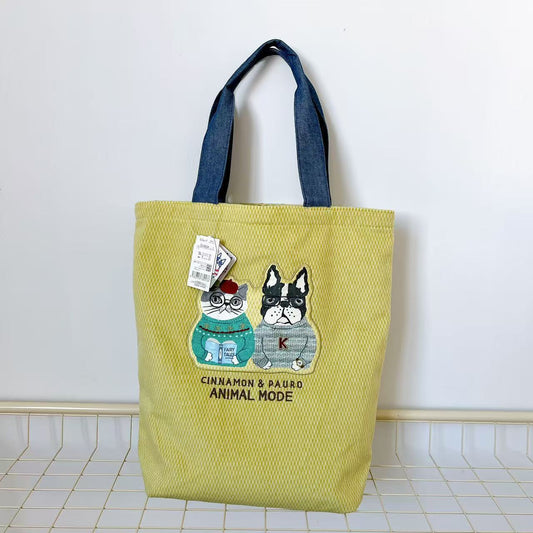 日本Kusuguru刺繡貓咪法鬥犬刷毛肩背包手提包手提包補習包417｜露西and保羅黃8654-1