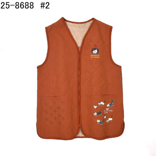 日本Kusuguru正品刺繡爬貓絎縫馬甲女性坎肩背心加絨保暖休閒427｜爬貓橘色8688-2／單一尺寸