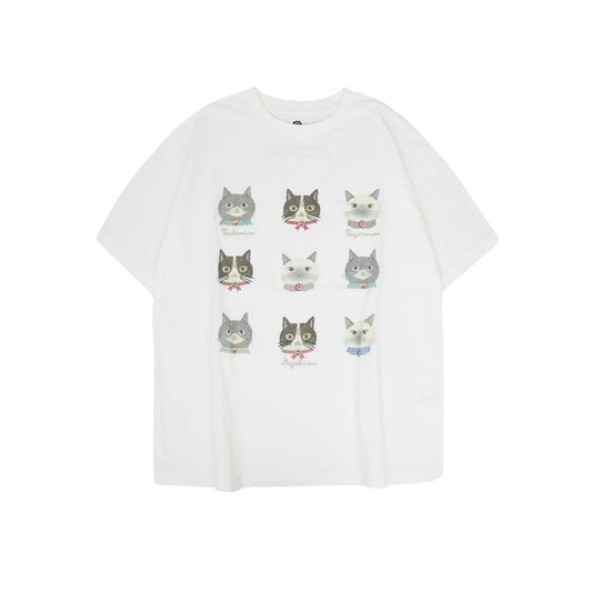 日本Kusuguru正品刺繡貓咪短袖圓領女性棉T冷感純棉清爽快乾52426｜蜜豆多貓頭9133／單一尺寸