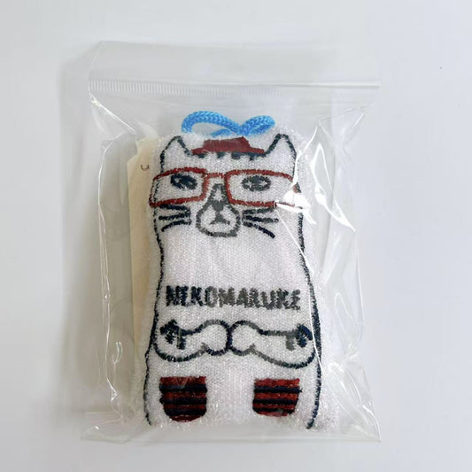 日本Kusuguru正品刺繡貓咪狗子海綿擦清潔海綿去油汙刷鍋布雙面430｜眼鏡貓白8567-1
