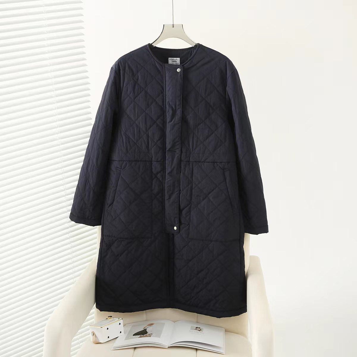 日本kusuguru秋冬外套絎縫棉服保暖休閒日系文藝寬鬆中長款220｜藏青7675-4／單一尺寸