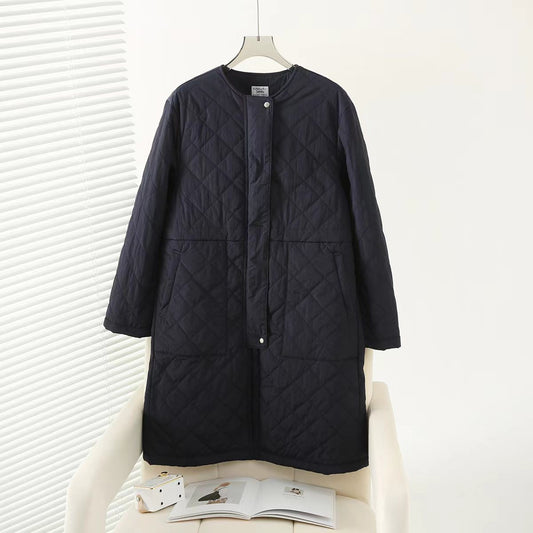日本kusuguru秋冬外套絎縫棉服保暖休閒日系文藝寬鬆中長款220｜藏青7675-4／單一尺寸