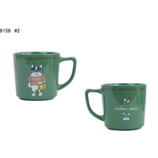 日本Kusuguru正品貓咪法鬥圖案陶瓷杯馬克杯咖啡杯茶杯水杯513514｜保羅草綠色9156-2／350 ml