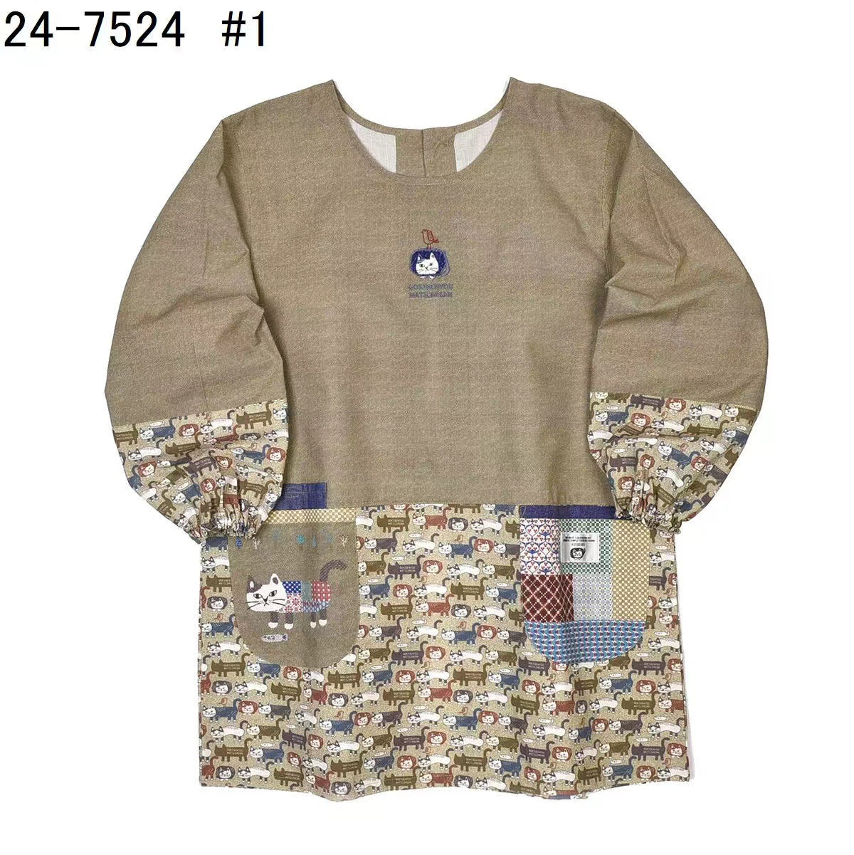 日本kusuguru刺繡爬貓圍裙家務防油防污反穿服布藝花藝烘焙201｜卡其色7524-1