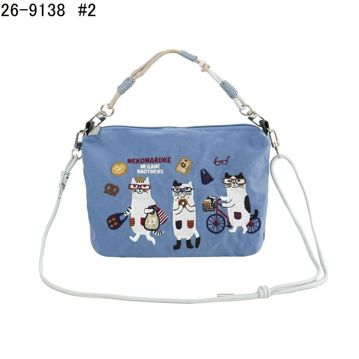 日本Kusuguru正品重工刺繡貓咪斜背包尼龍肩背包手提通勤509｜眼鏡貓藍9138-2