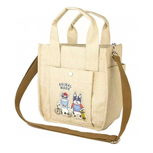 日本Kusuguru正品刺繡貓咪法鬥斜背包肩背包手提包手提包帆布302｜露西保羅米黃8040-1