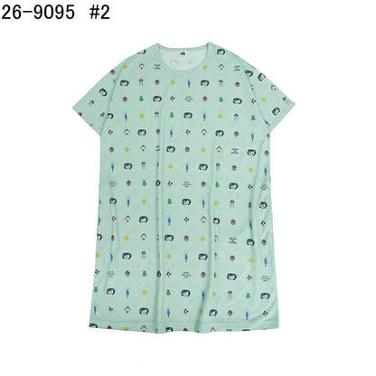 日本Kusuguru正品印花居家服睡裙套裝短袖短褲天竺棉卡通519｜睡裙爬貓綠9095-1／單一尺寸