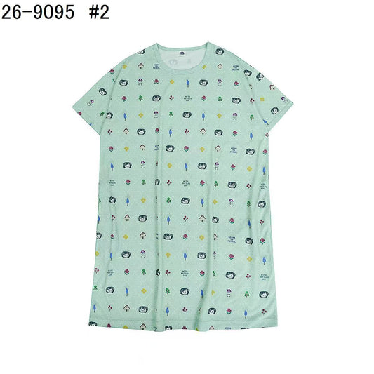 日本Kusuguru正品印花居家服睡裙套裝短袖短褲天竺棉卡通519｜睡裙爬貓綠9095-1／單一尺寸