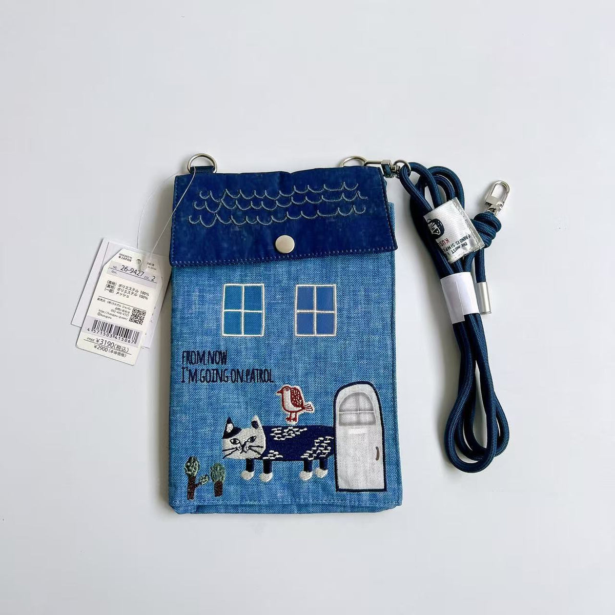 日本Kusuguru正品刺繡貓咪法鬥手機包防潑水肩背包斜背包多層572｜爬貓藍色9427-2