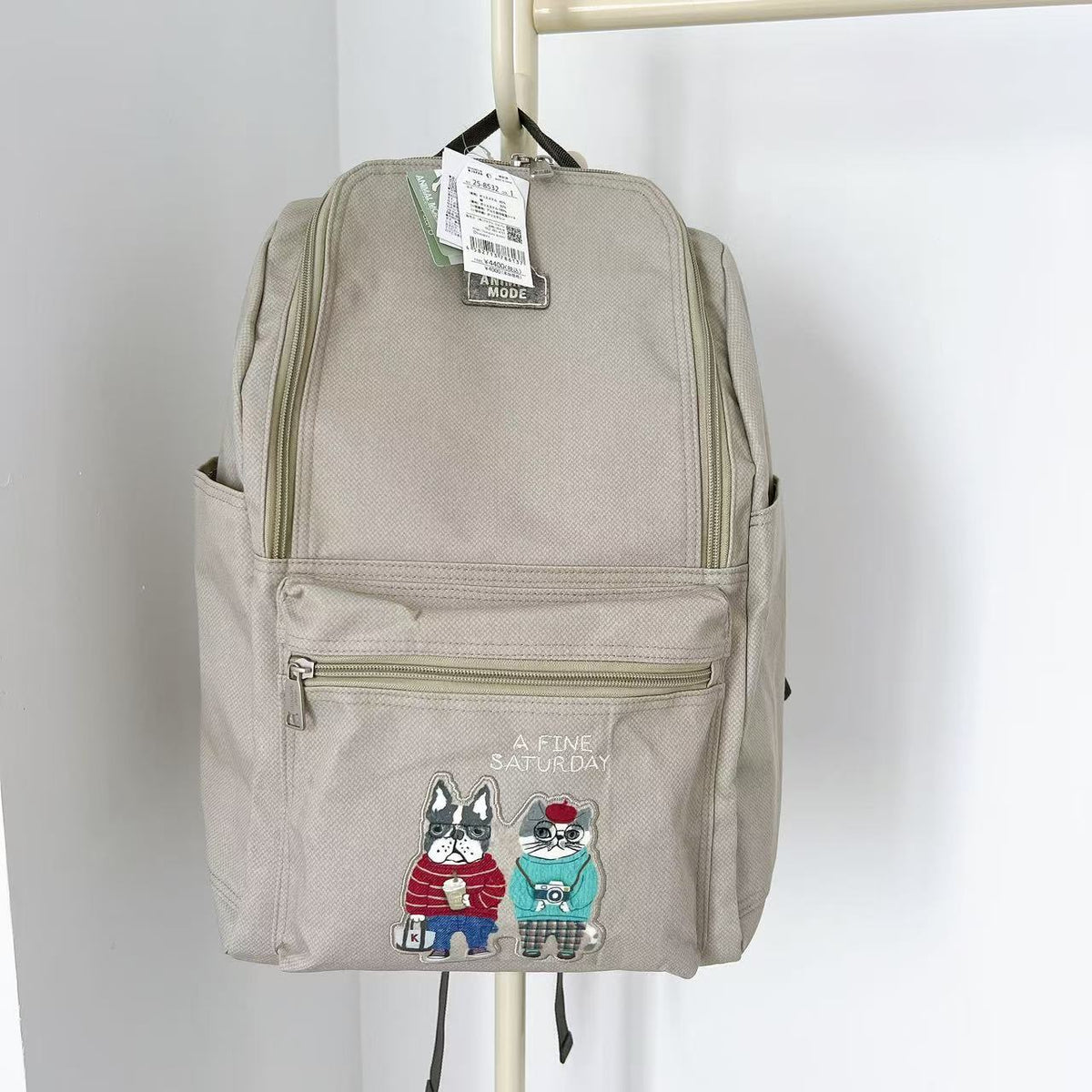 日本Kusuguru正品刺繡法鬥貓咪後背包帆布背包媽咪包旅行背包402｜露西and保羅米黃8532-1
