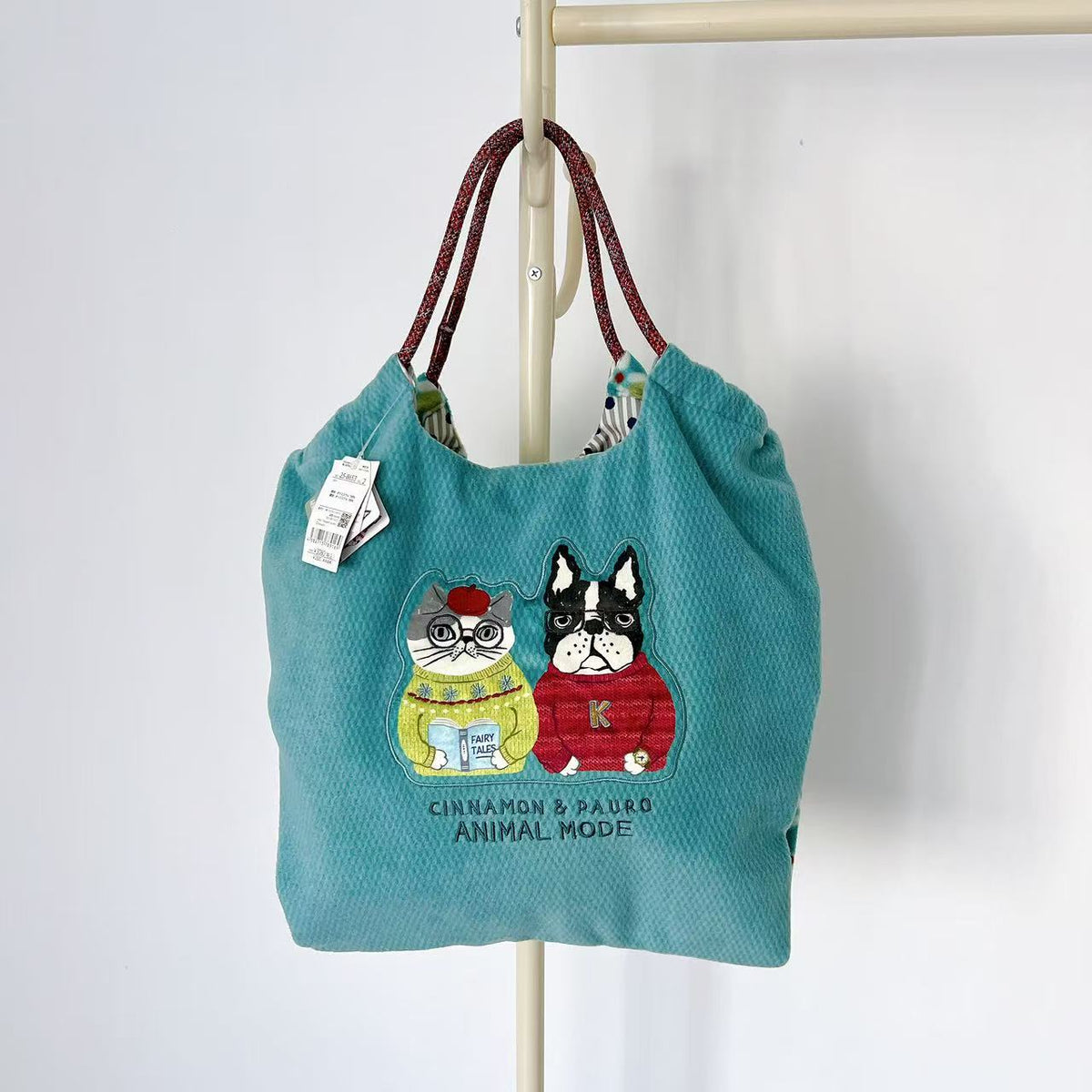 日本Kusuguru正品刺繡貓咪法鬥購物包肩背包手提包手提包逛街417｜露西貓咪藍8653-2