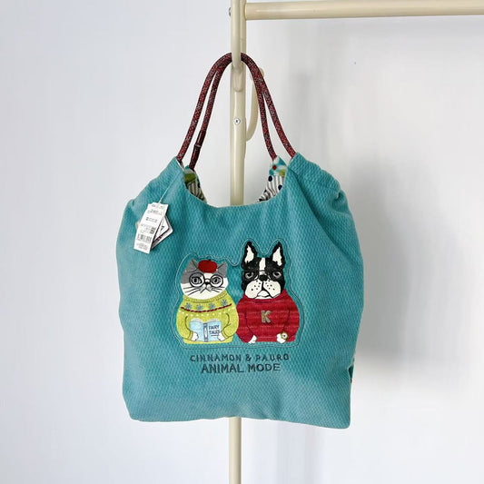 日本Kusuguru正品刺繡貓咪法鬥購物包肩背包手提包手提包逛街417｜露西貓咪藍8653-2
