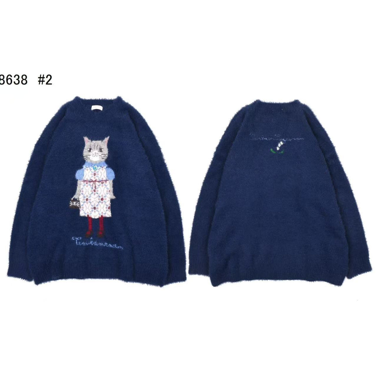 日本Kusuguru正品提花貓咪圓領毛衣套頭休閒寬鬆舒適百搭416｜蜜豆奶糖藏青8638-2
