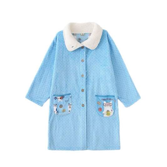 日本Kusuguru正品貓咪圖案居家服法蘭絨睡袍保暖長款舒適卡通622｜眼鏡貓淺藍9678-2／單一尺寸
