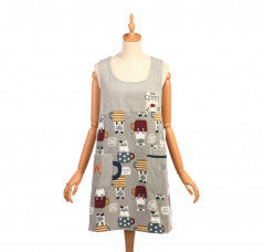 出口日本新款刺繡貓咪圍裙加厚秋冬刷毛家務防污保暖情侶卡通｜灰1128-1