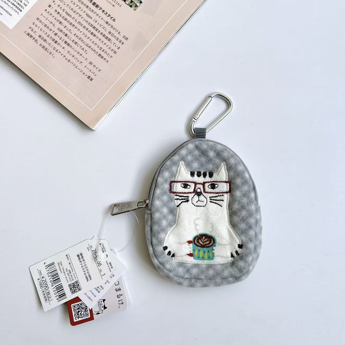 日本Kusuguru正品刺繡眼鏡貓小零錢包卡套刷毛包掛飾可愛621｜眼鏡貓灰9666-1
