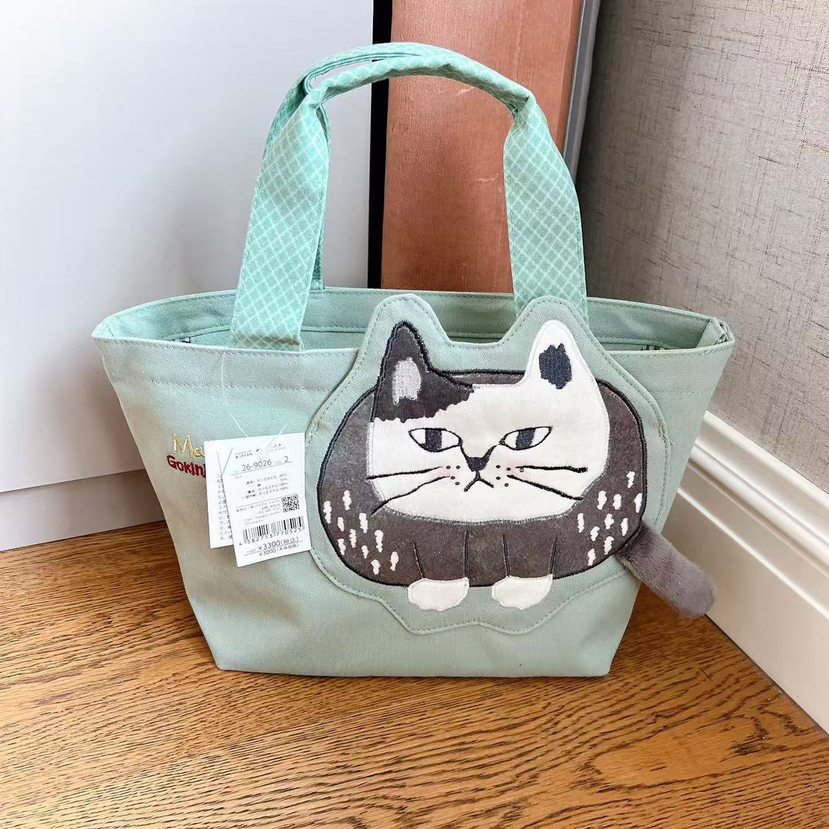 日本Kusuguru正品刺繡爬貓手提包手提包立體包飯盒包逛街購物501｜爬貓綠色9026-2