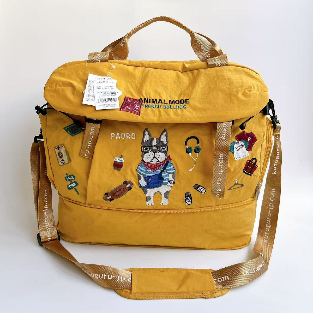 Kusuguru正品刺繡貓咪法鬥大容量可擴展手提斜背旅行行李箱掛包｜保羅芥黃9441-1