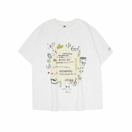 日本Kusuguru正品刺繡貓咪短袖圓領女性棉T冷感純棉清爽快乾52426｜眼鏡貓9128／單一尺寸