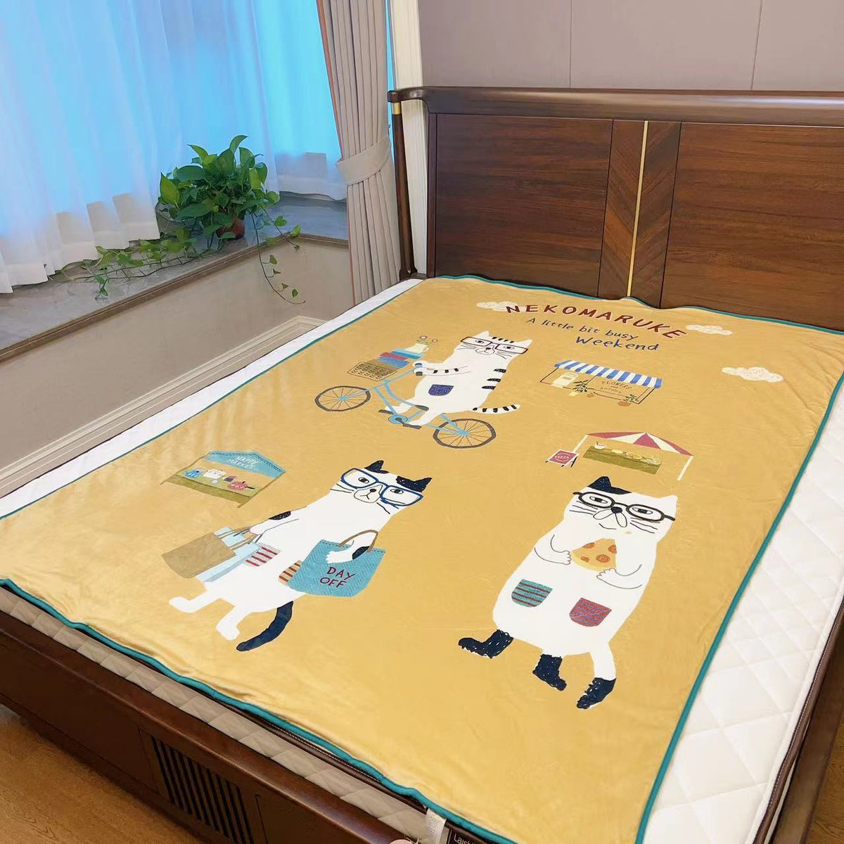 日本kusuguru貓咪印花法蘭絨毯子羊羔毛保暖舒適被蓋毯卡通毯973｜眼鏡貓米黃6687-1