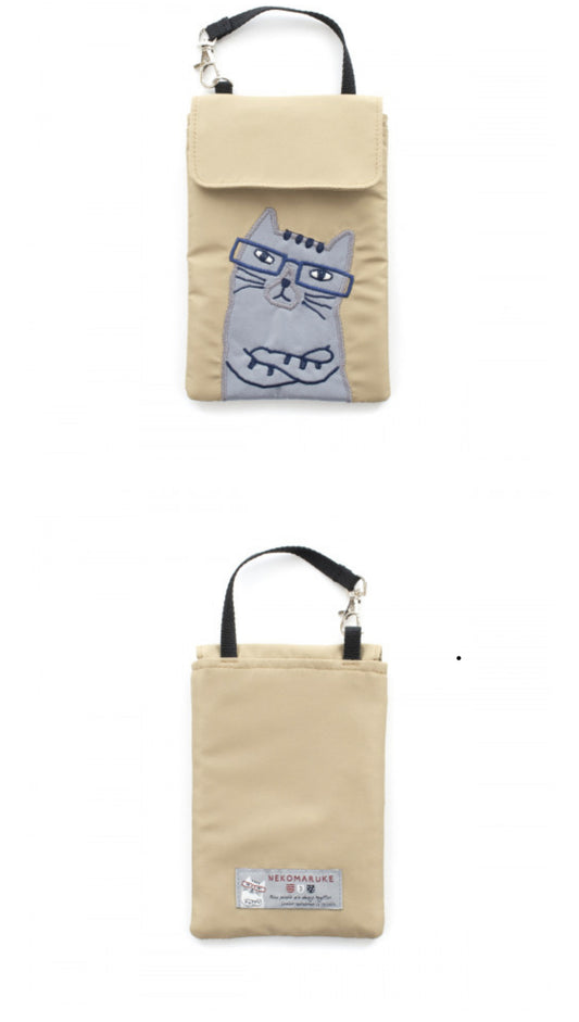 出口日本新款刺繡貓咪手提包手提包錢包手機包可愛卡通鑰匙包卡套｜卡其