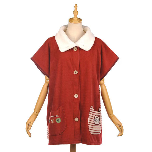 日本ksuguru刺繡貓咪居家服外套斗篷披肩護肩加厚保暖刷毛922｜紅色5648-2
