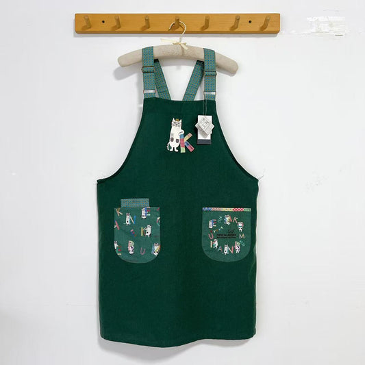 日本Kusuguru正品刺繡眼鏡貓圍裙布藝家務防油防污花藝烘焙600｜眼鏡貓墨綠9601-2／件