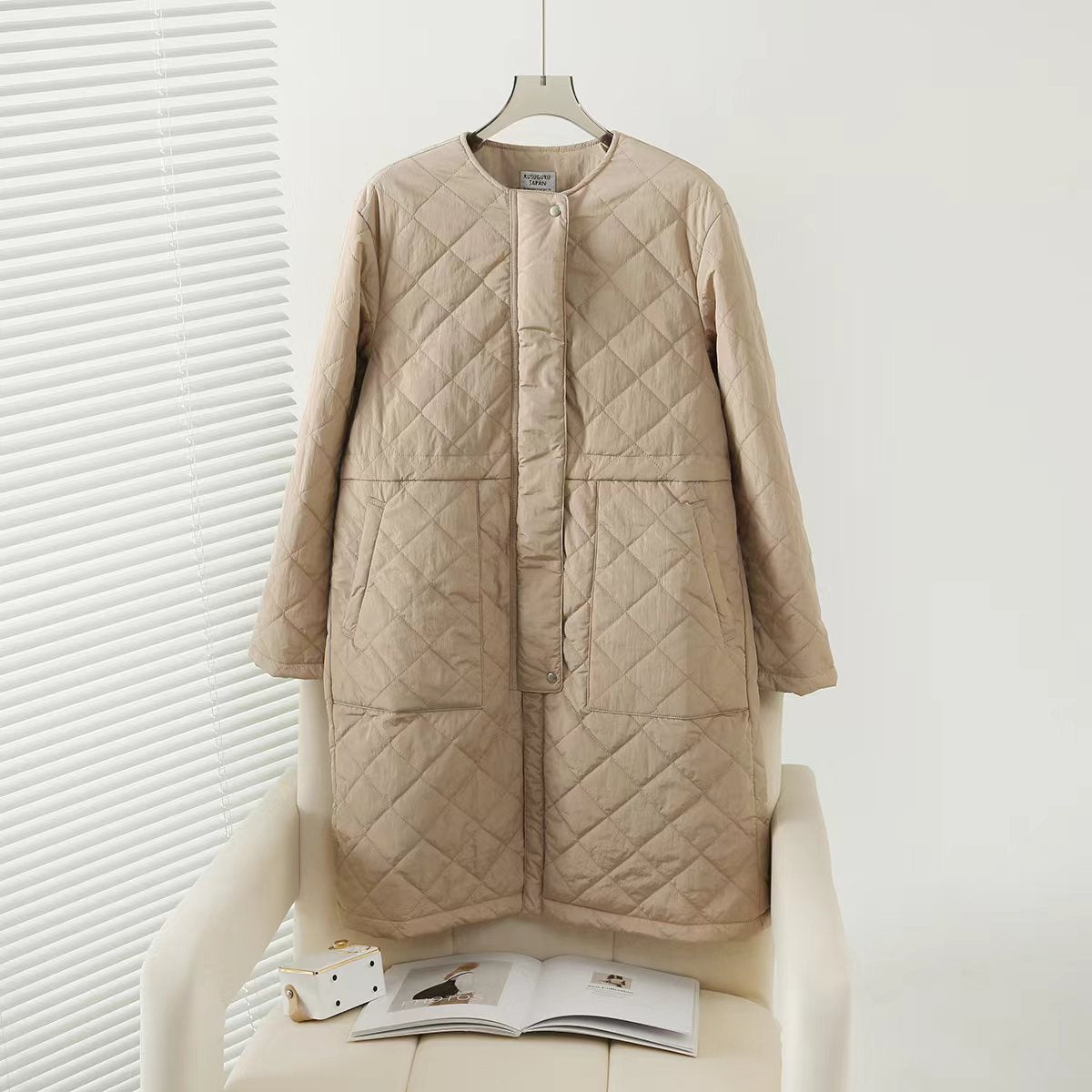 日本kusuguru秋冬外套絎縫棉服保暖休閒日系文藝寬鬆中長款220｜米色7675-1／單一尺寸