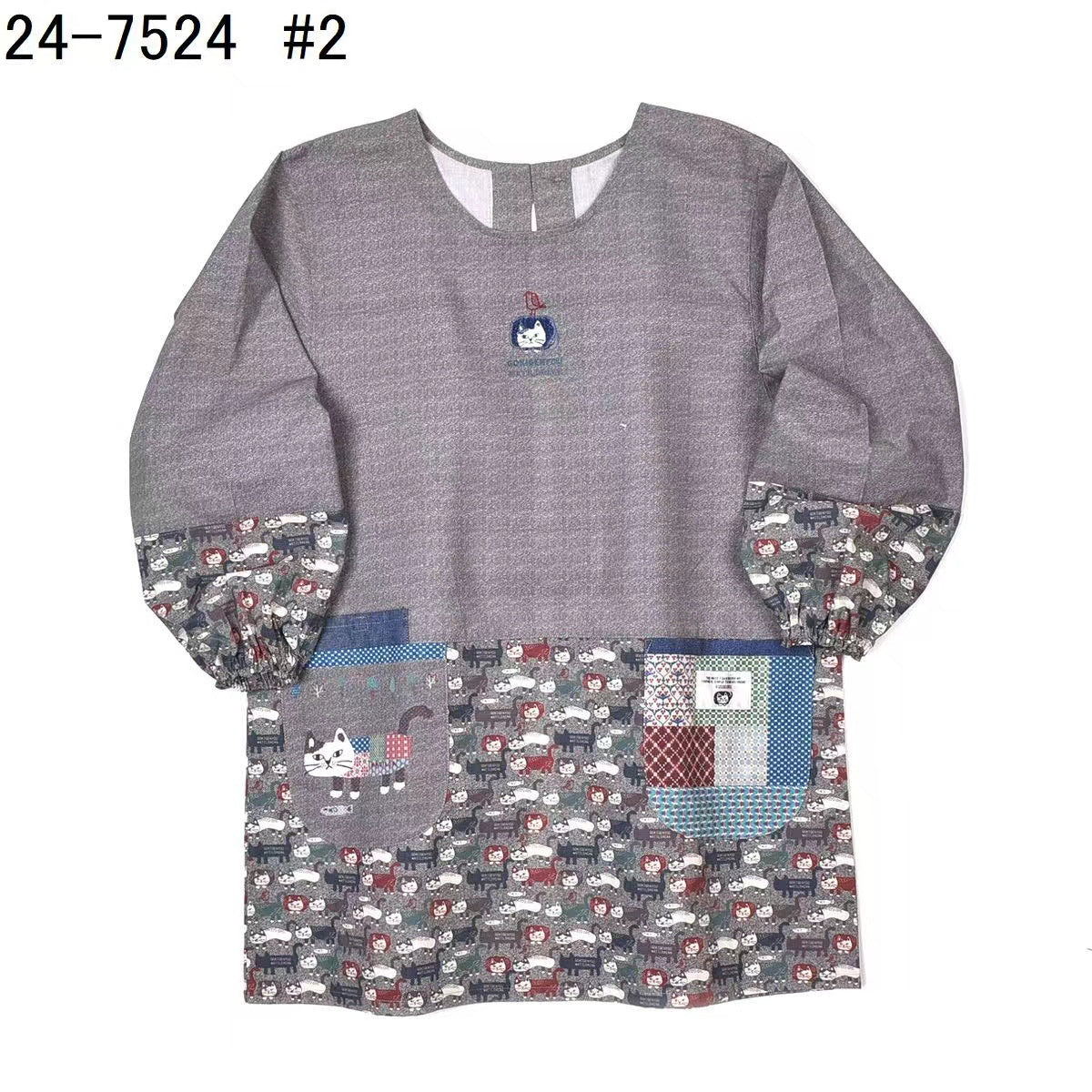 日本kusuguru刺繡爬貓圍裙家務防油防污反穿服布藝花藝烘焙201｜灰色 7524-2