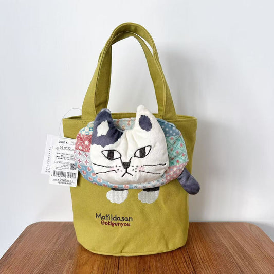 日本Kusuguru正品刺繡爬貓手提包手提包小型通勤包卡通布藝601｜爬貓芥黃色9622-1