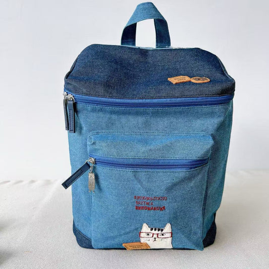 日本kusuguru刺繡眼鏡貓後背包旅行背包補習包媽咪包逛街購物960｜眼鏡貓藍6521-3