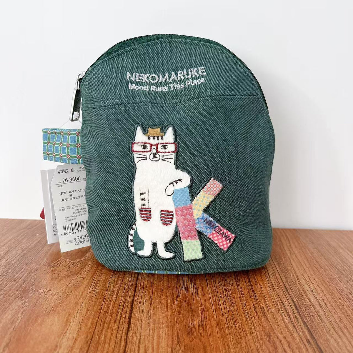 Kusuguru正品刺繡眼鏡貓零錢包錢包掛包式卡套小物收納包布藝600｜眼鏡貓墨藍9606-2