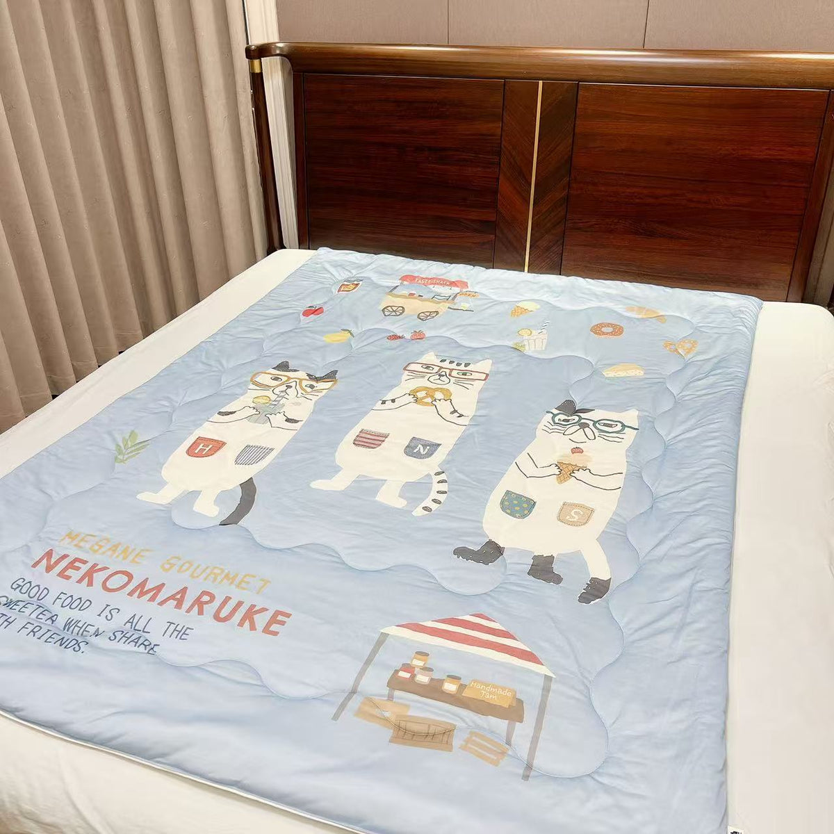 日本kusuguru貓咪數位印花冷感被涼感被冷氣被單人涼感蓋被324｜眼鏡貓藍色8227-2／140×190 cm