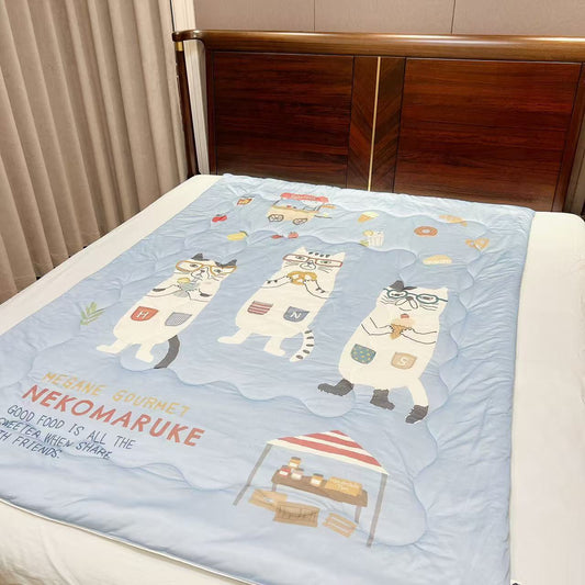 日本kusuguru貓咪數位印花冷感被涼感被冷氣被單人涼感蓋被324｜眼鏡貓藍色8227-2／140×190 cm