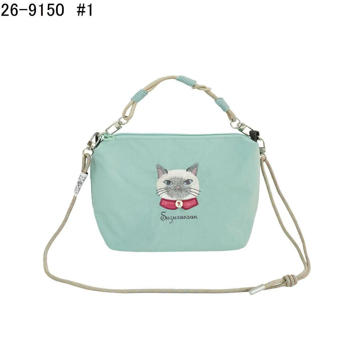 日本Kusuguru正品重工刺繡貓咪斜背包尼龍肩背包手提通勤509｜蜜豆貓頭薄荷綠9150-1