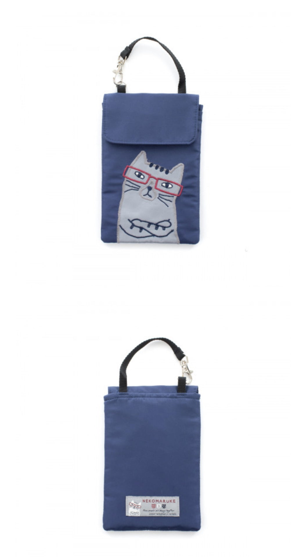 出口日本新款刺繡貓咪手提包手提包錢包手機包可愛卡通鑰匙包卡套｜藍色